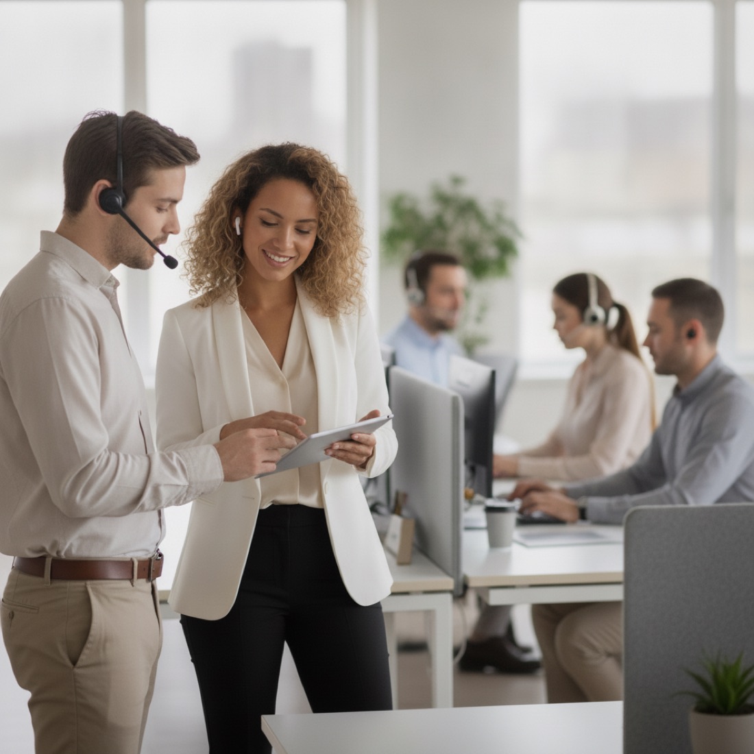 A sales team lead coaching a rep on a call